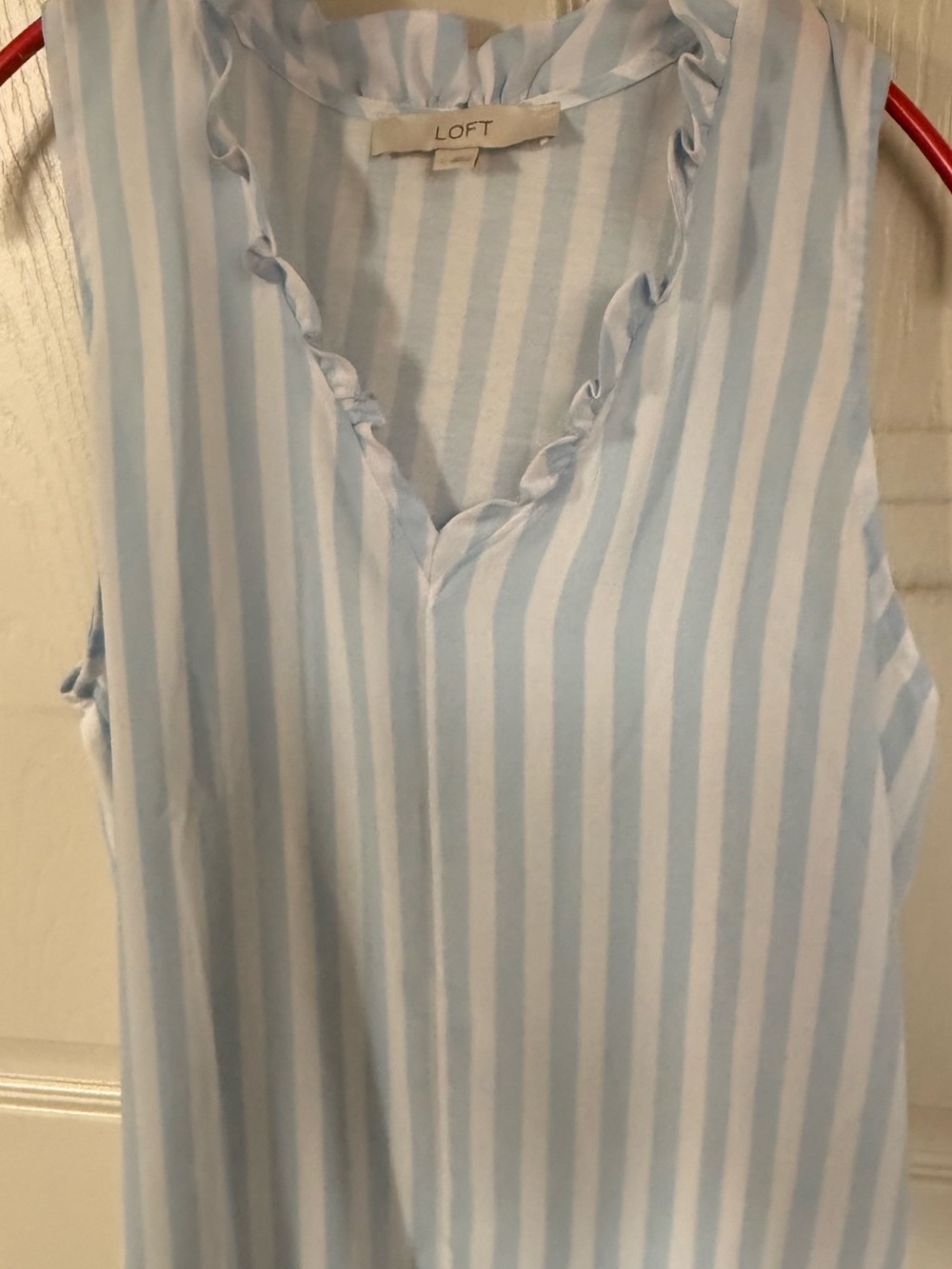 LOFT Blue & White Striped Ruffle V-Neck Shell